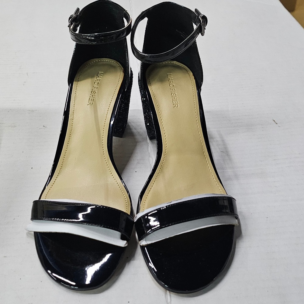 Marc Fisher Safia Black Patent Glitter Block Heel Sandals‎ 9.5M QMSAFIA NEW